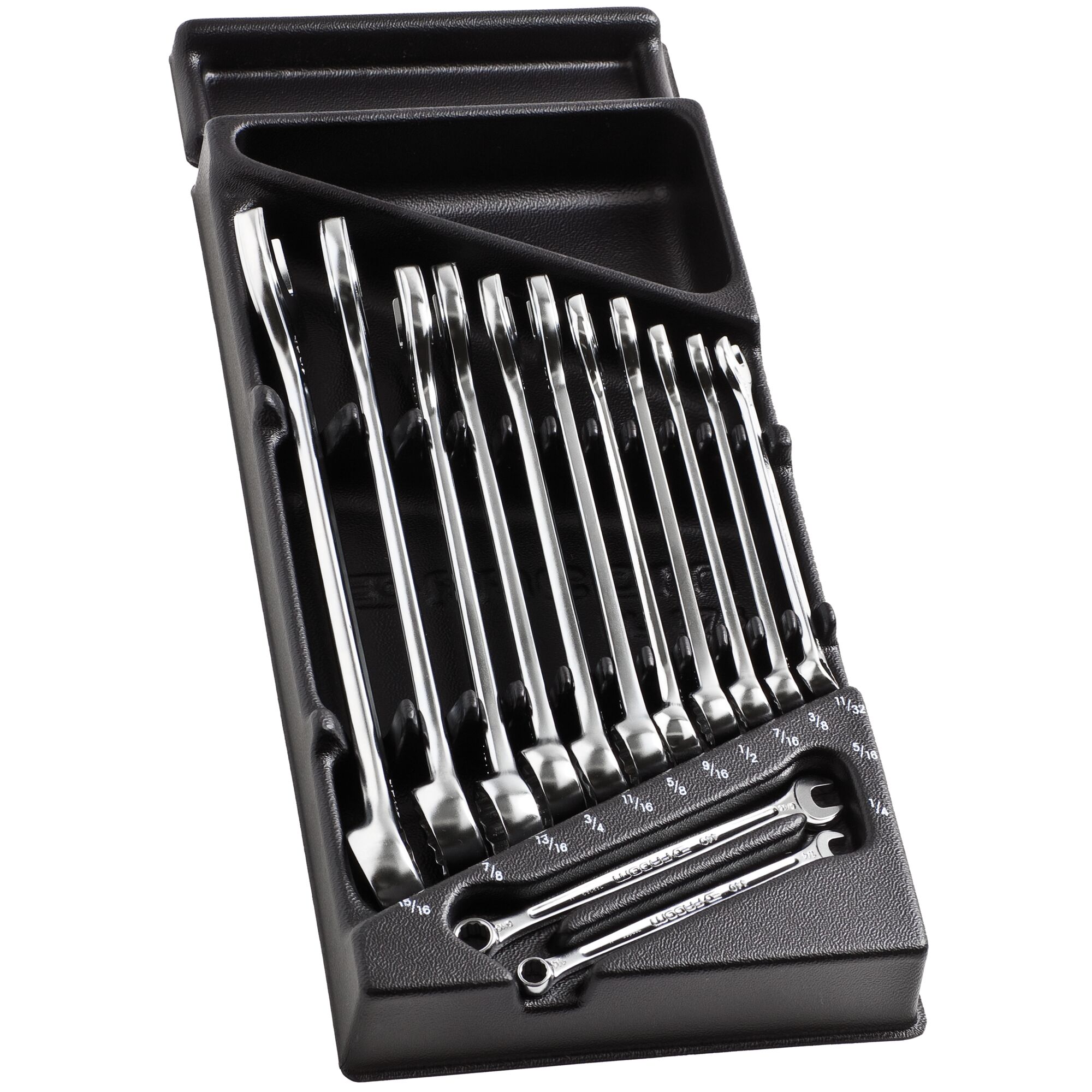 Facom MOD.440-4PB wrench set with 12 chrome combination wrenches in a black plastic tray, angled top view.